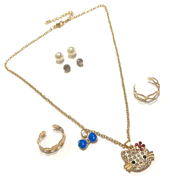 Hello Kitty Necklace Earrings Ring Jewelry Set Gold Tone Blue Bow - Picture 2 of 5